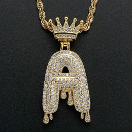 Hip Hop Crown Waterdrop Art A-Z Letters Pendant Necklace Bling Full Zircon Jewellery Men Women Gift