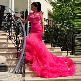 Party Dresses Fuchsia Mermaid Tulle Prom Long Length With Train Extra Puffy Cross Front High Neck Women Evening Gowns For Special Occa