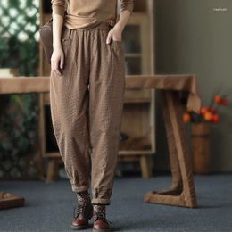 Women's Pants 2023 Autumn Winter Arts Style Women Elastic Waist Loose Striped Thicken Warm Cotton Casual Harem V559