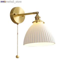 Wall Lamps IWHD Nordic Modern Edison Wall Sconce Lamp Pull Chain Switch Bedroom Bathroom Mirror Light Copper Ceramic Wandlamp Luminaria LED Q231127