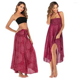 Women's Swimwear 2023 Bohemia Floral Print Beach Skirts Rayon Elastic Waist Long Skirt For Women Summer Holiday Casual Half Dress