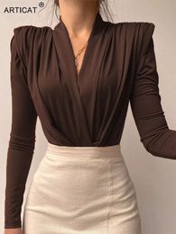 Women's Jumpsuits Rompers Articat V Neck Brown Bodysuit Women Autumn Long Sleeve Top Bodies Sexy Female Overalls Casual Bodycon Bodysuits 230426