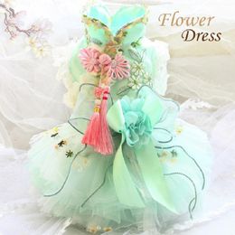 Dresses Handmade Original Dog Clothes Pet Supplies Princess Dress Fairy Collar Embroidery Flowers Accessories Green Tulle One Piece