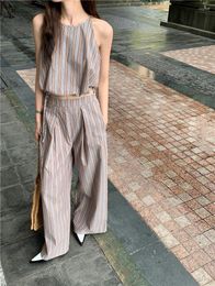 Women's Two Piece Pants Summer Suit Vintage 2 Sets Women Clothing Loose Stripe Vest Blouses High Waist Straight Wide Leg Folds Outfits