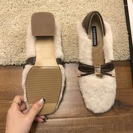 Dress Shoes Marie Janes Women Mid Heels Chunky Walking Fur Warm Loafers 2024 Winter Trend Bow Shallow Mujer Zapatos Pumps