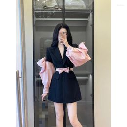 Women's Suits WDMSNA Suit Collar Temperament Blazer Women Fashion Pink Patchwork Bow Tie Puff Sleeve Slim Waist Jacket