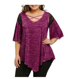 Tops Loose Plus Size Women Tunic Tops Street Wear Lace Cut Out Flared Sleeve Tee Shirt Female Clothing Curvy Large Size 3XL 4XL 5XL