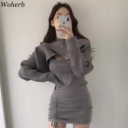 Dresses Woherb Sexy Two Peices Set Women Knitted Cape + Sleeveless Pleated Mini Dress Bodycon 2022 All Match Outfit Vestidos Korean Suit