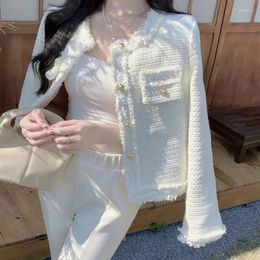 Women's Jackets Lucyever Korean Fashion Plaid Tweed Jacket Women White Round Neck Cropped Tassel Coat Autumn Single Breasted Office Lady