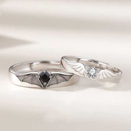 Band Rings Vintage Demon Angel Wings Couple Rings For Wome Men Romantic Moonstone Shiny Zircon Opening Finger Ring Lovers Wedding Jewelry AA230426