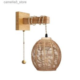 Wall Lamps Japanese Retro Wall Light With Switch Hand Woven Rattan Wood Sconces Living Room Bedside Lamp Vintage Home Decoration Lighting Q231127