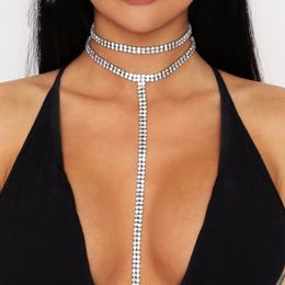 Sexy collarbone chain diamond necklace European American hipster accessories T-shape super flash full drill double choker long necklace wholesale