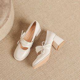 Dress Shoes Korean Fashion Lefu 2023 Spring Round Toe Shiny Face One Line With Bow Mary Jane (White Black)