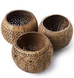 Candle Holders Coconut Shell Wood Set Of 3 With Scented Tealight Candles Boho Decor Votive6126556