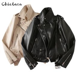 Jackets CHICLAZA 2022 Women Spring Autumn Black Green Faux Leather Jacket Casual Zipper With Belt Biker Coat Female Blue Outwear Ladies