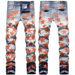 Men's Jeans European Jean Hombre Letter Star AM tiny spot Men Embroidery Patchwork Ripped Trend Brand Motorcycle Pant Mens Skinny AM1175# size 28-42