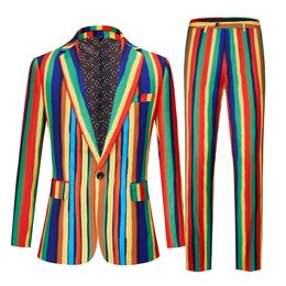 Men's Polos Fashion Mens Business Colourful Stripes Rainbow Formal Suit Trousers Male Slim Stage Party 2 Pcs Blazers Sets Jacket Pants 230426