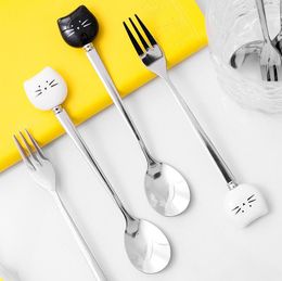 Lovely Cartoon white & black Cat Ceramic Handle Spoon Stainless Steel Stirring Coffee Spoon Fork Wedding Favours SN4134