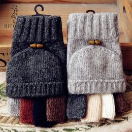 Fingerless Gloves RITOPER Gentleman Fashion Flip Flap Wool Blended Winter Thick Knitted Half Fingers Hand Sewn Warm Glove