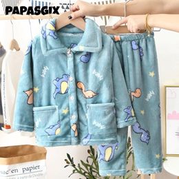 Pyjamas Kids Winter Soft Flanell Clothing Set Boys Girls Cartoon Thicken Warm Lapel Tops With Pants Pajamas Sleepwear 112Y 231127