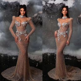 Sheer Pearls Lace Luxurious Neck Dubai Prom Party Dresses Crystals Mermaid Custom Made Evening Dress