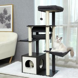 Scratchers Modern Cat Tree Wooden Cat Tower with Sisal Scratching Posts Multilevel Platform with Cute Condo Large Hammock and Top Perch