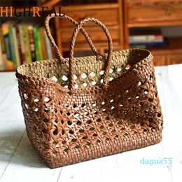 Cowhide Hollowed Out Basket Bag Handmade Bamboo Woven Style Braided Women's Bag
