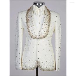 Men's Suits Luxury Ivory 3 Pcs Beads Diamonds Pearls Tailored One Button Wide Lapel Jacquard Blazer Vest Plus Size Weddin Dress