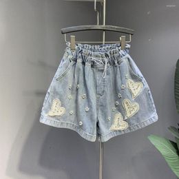 Women's Shorts Elastic High Waist Jean Womens Pearl Flower Rhinestone Love Patchwork Denim Casual Loose Wide Leg Femme Short