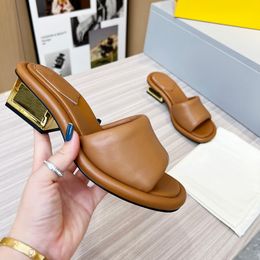 Designer Sliders Summer Womens Slippers High Heels Real Leather Solid Classic Fashion Mules Slip-On Chunky Heel Sandals With Box