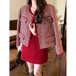 New style women's o-neck Christmas New Year red tweed jacket and short skirt twinset 2 pc dress suit SMLXL