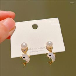 Stud Earrings Korean Freshwater Pearl Elegant Silver Needle Natural Fritillaria Dolphin Temperament For Girls Jewelry.