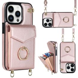 Crossbody Lanyard Wallet Leather Phone Case For iPhone 15 14 13 12 11 Pro XS Max X 7 8 Plus Cards Holder RFID Blocking Handbag Purse Cover Ring Kickstand Cover Cases