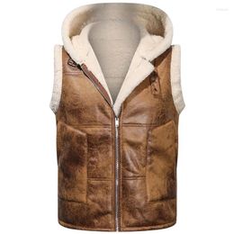 Men's Vests Faux Leather Jacket Sleeveless Fleece Hooded Outwear Vest For Winter Men Clothes