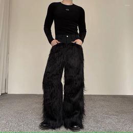 Men's Pants Autumn Winter Splice Faux Fur Denim Wide Leg Men Fashion Show Clothes Streetwear Baggy Trousers