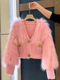 Women's Knits WDMSNA Pink Sweet Knitted Sweater Splice Imitation Mink Velvet Women 2023 Long Sleeve V-neck Ladies Cardigan Crop Top