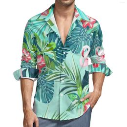 Men's Casual Shirts Flamingo Flower Print Street Style Shirt Bright Green Leaf Autumn Novelty Blouses Long Sleeve Graphic Oversize Tops