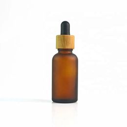 30ml Frosted Amber Glass Dropper Bottle with Bamboo Cap 1oz Wooden Essential Oil Bottles Gvnga