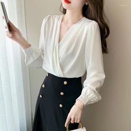 Women's Blouses Satin Shirts Plus Women White Black Elegant Acetate Comfortable Casual V Neck French Solid Colour Silk Shirt Vintage Blouse