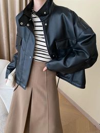 Women's Jackets Black Big Size Drawstring PU Leather Jacket Stand Collar Long Sleeve Women Coat Fashion Spring Autumn O737