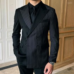 Men's Suits British Contrast STRIPE Double Breast Blazer Homme Elegant Designer Prom Blazers For Men Slim Fit Italian Hombre
