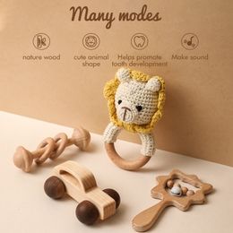 Rattles Mobiles Lets Make 4pcsset Wooden Sets Cartoon Animal Crochet Wood Car Block Soother Teether Set Montessori Toddler Toy 230427
