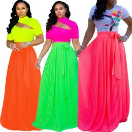 Dresses BKLD Fashion Neon Colour Skirt High Waist Chiffon Skirts For Women 2019 Summer Bohemian Long Pleated Maxi Skirt Green Orange Pink