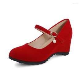 Dress Shoes Size 34-43 Mary Jane Women's Black Wedge 7.5cm High Heel Red Wedding