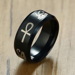 Cluster Rings Egyptian Men Ankh Ring Stainless Steel Black Color Eye Of Horus Fashion Wedding Band Key Life Anillos Anniversary Party GiftsC