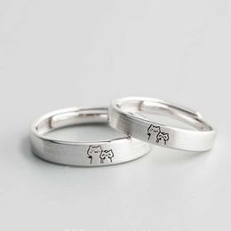 Band Rings 2Pcsset Kitten Cat Pattern Couple Rings Cute Sliver Colour Ring For Women Men Adjustable Finger Rings Lovers Dating Jewellery AA230426