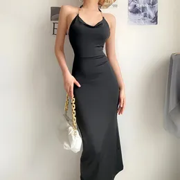 Casual Dresses Summer Black Long Dress Women Backless Sexy Party Midi Evening Gown Chain Halter Bodycon Elegant Vintage Outfits 2023