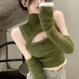 Women's T Shirts Soft Furry Mohair Knit Cut Hollow Out Turtleneck Crop Top Sexy Bodycon T-Shirt Women Short Shirt Cropped Grunge Aesthetic