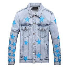 Cross border European and American street fashion brand AM elastic winter edging tassel blue pentagram denim jacket trendy men