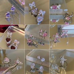 Dangle Earrings Korean Fashion Pink Rhinestone For Women Sweet Cool Heart Bow Cross Tassel Clip On Zircon Crystal Jewellery Y2K